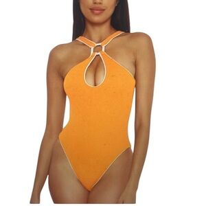 NWT BECCA modern edge, fine rib,  high neck, one piece swimsuit